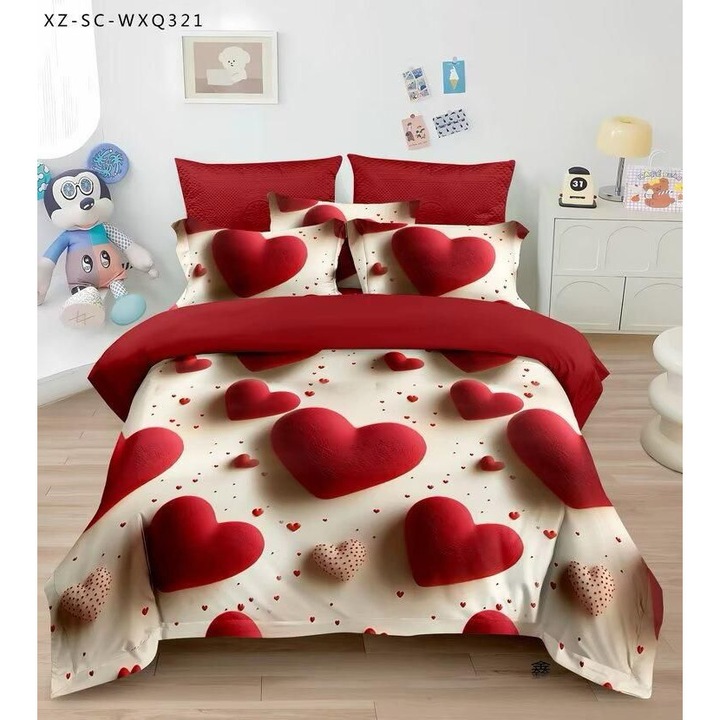 Lenjerie de Pat 5D, Bej cu inimioare, cu Imprimeu Digital, 6 piese-Cearceaf cu elastic 180 x 200, Material Fin si Confortabil