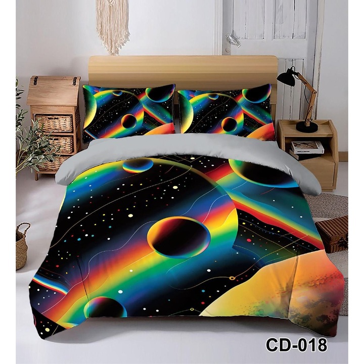 Lenjerie de Pat 5D, Negru planete, cu Imprimeu Digital, 6 piese-Cearceaf cu elastic 180 x 200, Material Fin si Confortabil