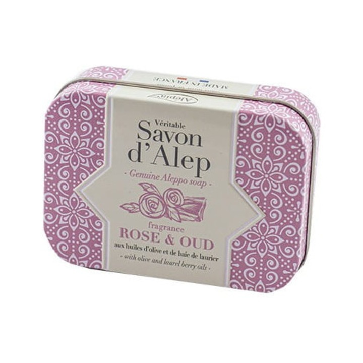 Сапун Alepia с аромат на роза и уд, 100g, комплект в метална кутия