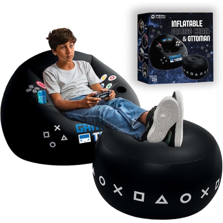 Fotoliu gonflabil gaming pentru copii cu suport picioare, design consola, 2 suporturi pahare, buzunar lateral, montaj rapid, rezistent pana la 100 kg, negru