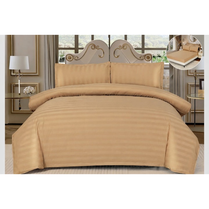 DAMASZK Prémium Ágynemű Szett, Barna, 180x200, 4 részes, Gumis Lepedővel, Elegáns Paplanhuzat