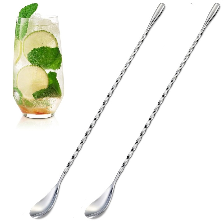 Set 2 linguri de cocktail din otel inoxidabil 30cm, kengege, design elegant, rezistente la coroziune