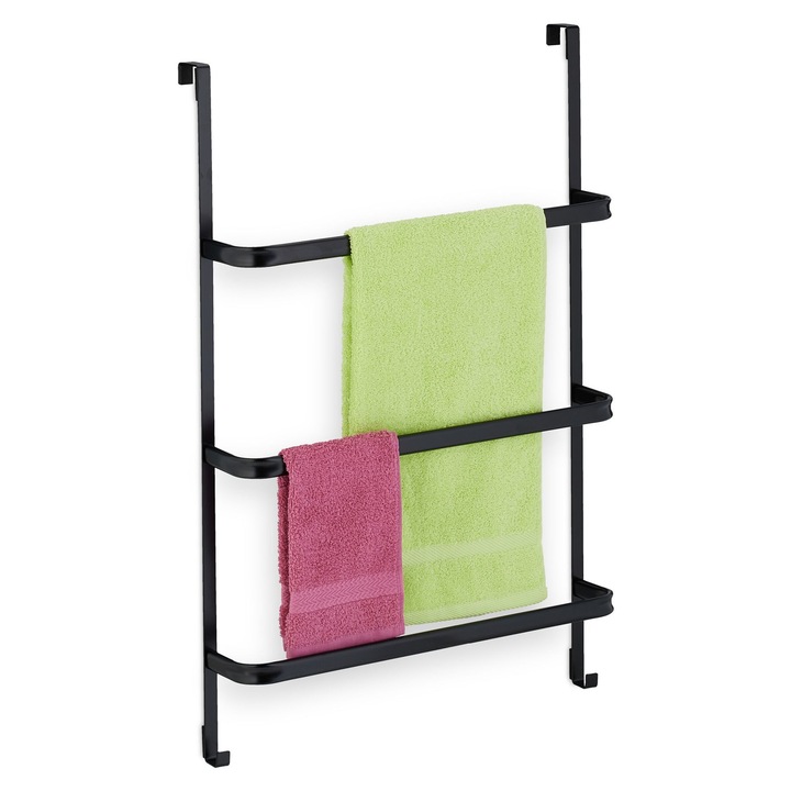 Suport pentru prosoape Relaxdays, 3 bare, 85 x 54.5 x 15 cm, din otel, sistem de agatre, Negru