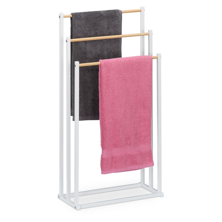 Suport pentru prosoape Relaxdays, structura din metal, 3 bare, 86 x 44 x 21 cm, Alb