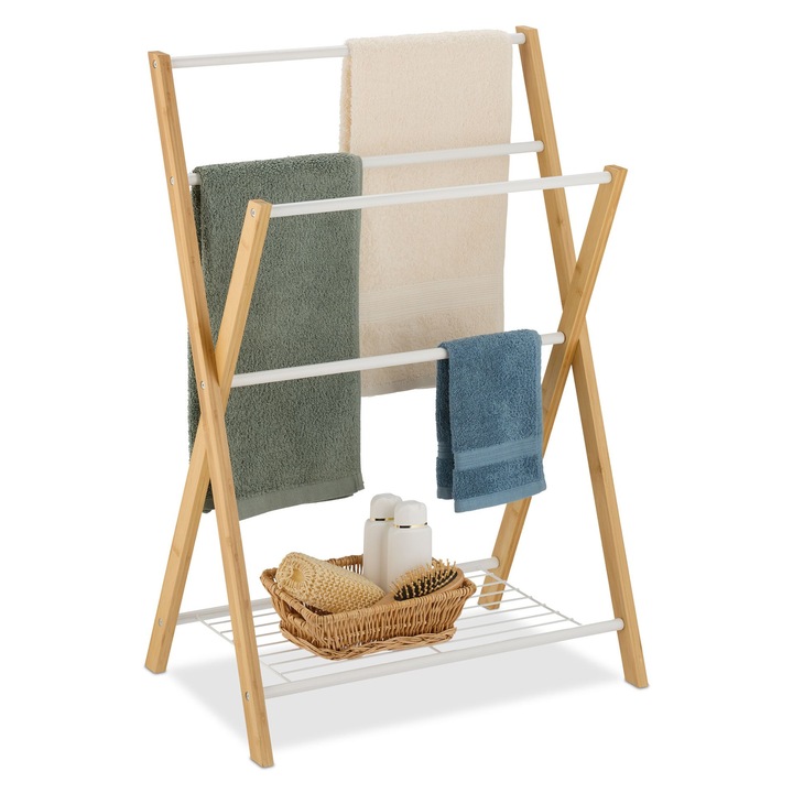 Suport pentru prosoape Relaxdays, raft depozitare, structura din bambus, 4 bare metalice, 87 x 60.5 x 37.5 cm, Maro/Alb