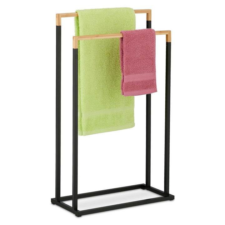 Suport pentru prosoape Relaxdays, structura metalica, 2 bare din bambus, 76 x 45 x 21, 5 cm, Negru/Maro
