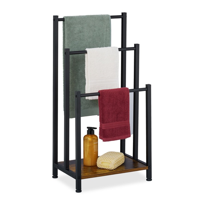 Suport pentru prosoape Relaxdays, raft depozitare din MDF, design elegant, structura metalica, 80 x 40 x 28 cm, 3 bare, Negru/Maro