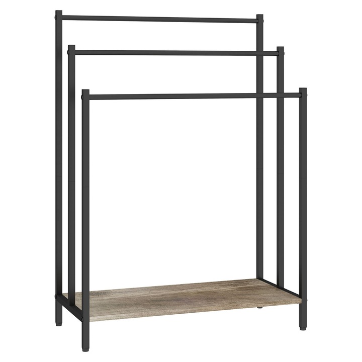 Стойка за кърпи Relaxdays, рафт за съхранение от MDF, метална конструкция, 3 пръчки, 82.5 x 28 x 60 см, Черно/Тъмнокафяво