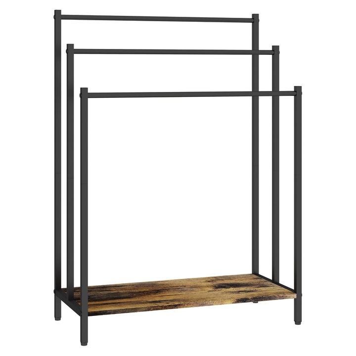 Стойка за кърпи Relaxdays, рафт за съхранение от MDF, метална конструкция, 3 пръчки, 82.5 x 28 x 60 см, черно/тъмнокафяво