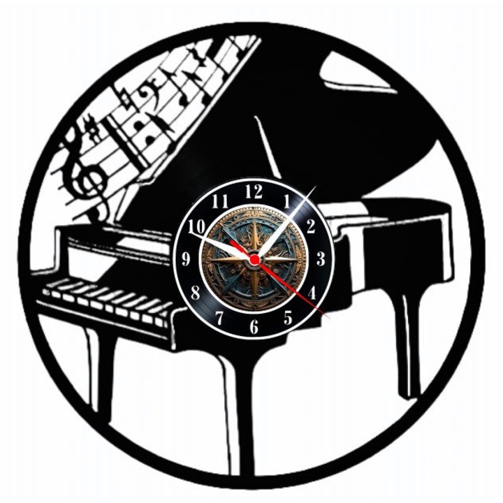 Dekoratív falióra "Grand Piano Melodies", kézzel készített bakelitlemezből, klasszikus design zenei jegyekkel, 30 cm, fekete