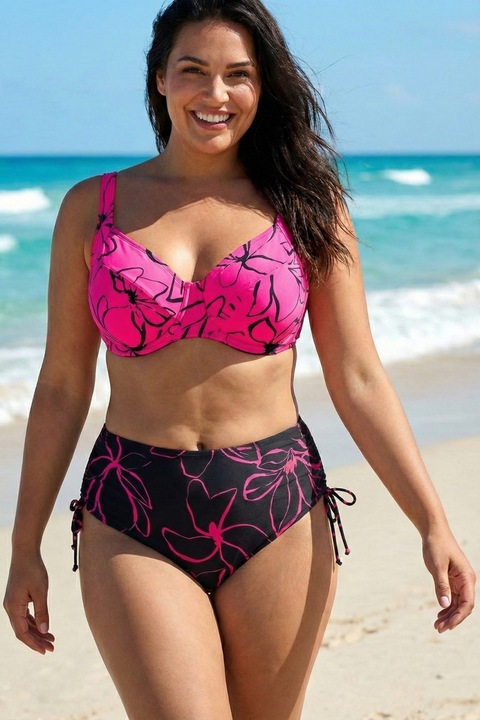 Costum de Baie Doua Piese Dama Marimi Mari – Model Floral si Slip Talie Inalta Ajustabil Lm057 verde turcoaz 13923, Roz