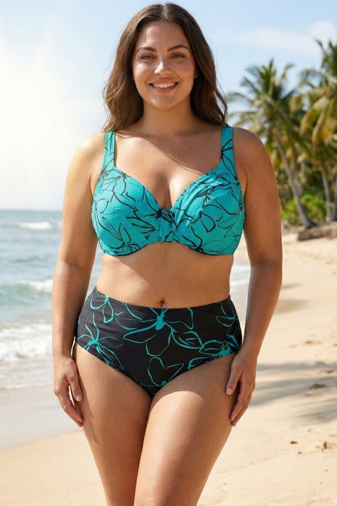 Costum de Baie Doua Piese Dama Marimi Mari – Model Floral si Slip Talie Inalta Ajustabil Lm057 verde turcoaz 13923, Verde
