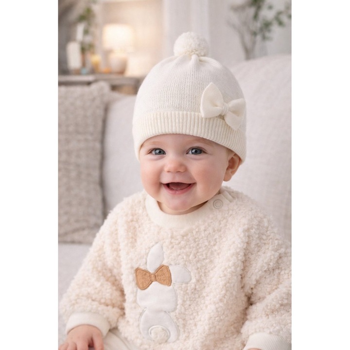 Бебешка шапка Minibanda бяла с панделка и помпон от памук и вълна, Естествено бяло, 9-12 МЕСЕЦА