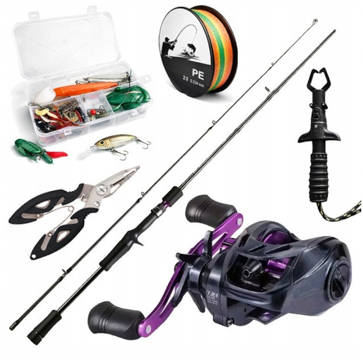 Set complet de pescuit, lanseta baitcasting 1,8m, mulineta baitcasting, fir PE multicolor, cutie cu accesorii, cleste, prindere peste