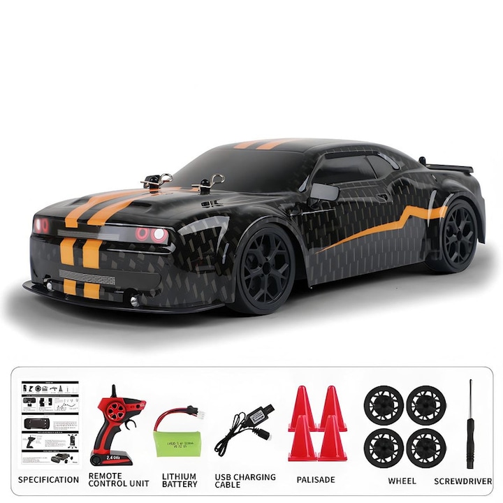 RC Drift autó, OEM, 8005, Sport modell, 1:14, 4WD, 30 km/h, LED, 2.4GHz, Fekete