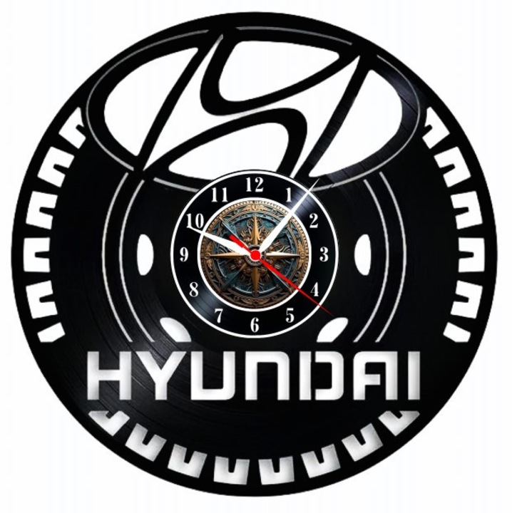 Dekoratív falióra "Hyundai Performance", kézzel készített bakelitlemezből, logó és autófelni design, 30 cm, fekete