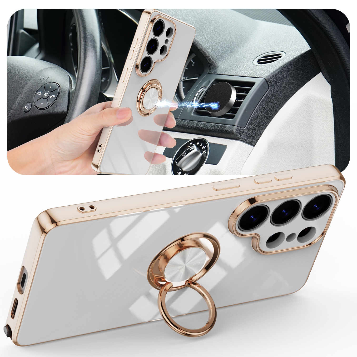 Husa telefon mobil rezistentă la șocuri, alb, pentru Samsung Galaxy S26 Ultra, protecție duală, suport pivotant 360°