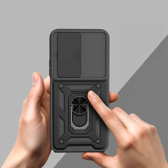 Husa pentru Xiaomi Redmi 15 4G / 5G, Defender Slide, Protectie Camere, Suport Inel, Prindere Magnetica, Negru