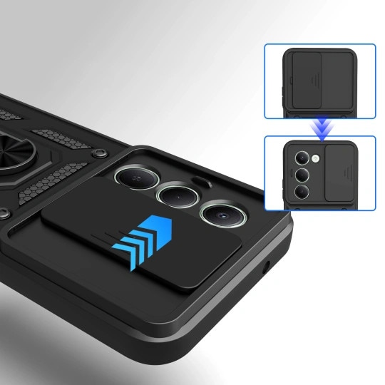 Husa pentru Xiaomi Redmi 15 4G / 5G, Defender Slide, Protectie Camere, Suport Inel, Prindere Magnetica, Negru