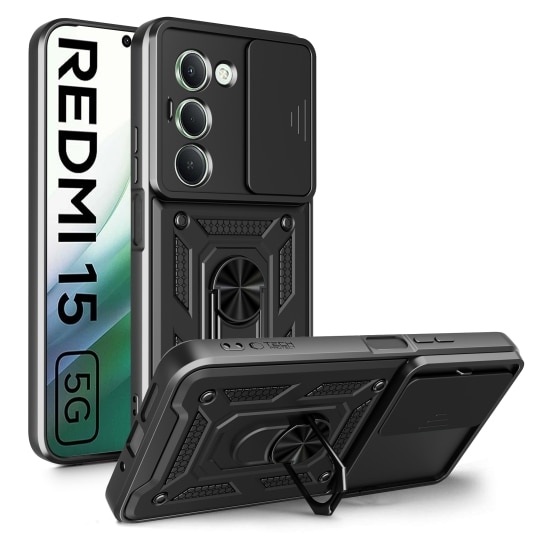 Husa pentru Xiaomi Redmi 15 4G / 5G, Defender Slide, Protectie Camere, Suport Inel, Prindere Magnetica, Negru