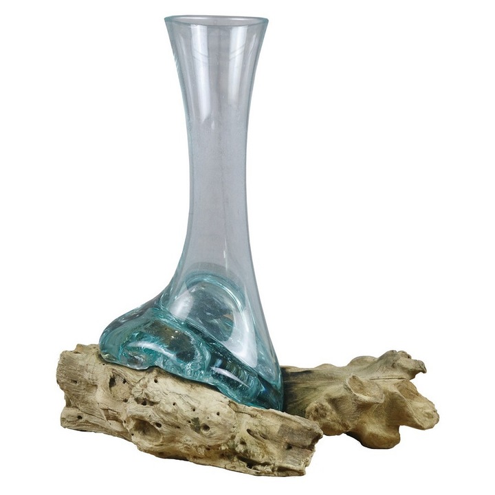 Vaza flori sticla cu suport lemn 15 x 15 x 20 cm