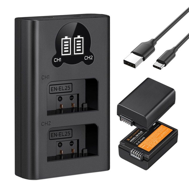 Incarcator portabil dual USB-C K&F Concept cu LCD + set 2 acumulatori EN-EL25 1600mAh