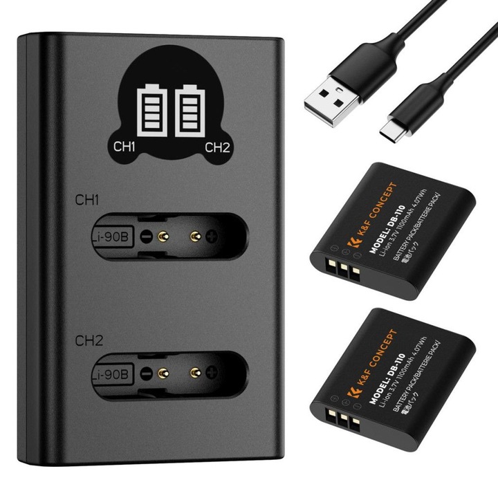 Incarcator portabil dual USB-C K&F Concept BJ-11 cu 2 acumulatori DB-110 1100mAh, set
