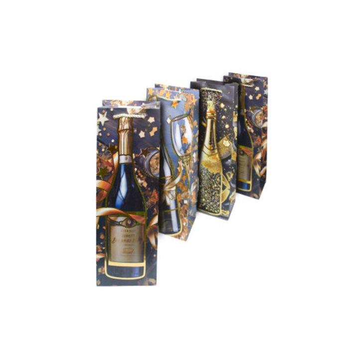 Комплект подаръчни торбички за бутилка вино или шампанско, първокласен картон, елегантен празничен модел, 4 броя 12x9x35 см