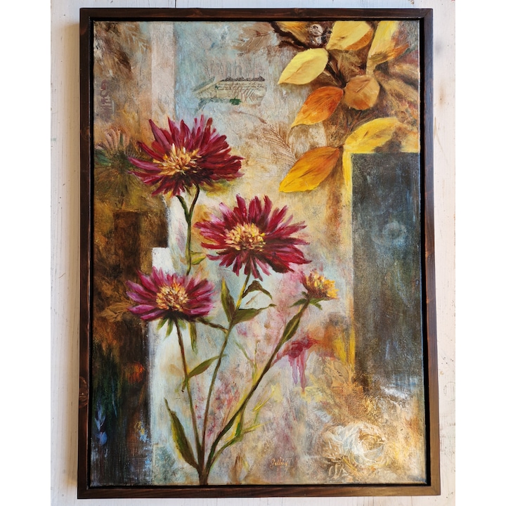 54 × 74 cm. Tablou pictat manual, ulei cu tehnica mixta, pe panza intinsa, in rama floating – Intre anotimpuri, ideal pentru living si dormitor