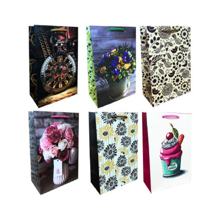 Комплект подаръчни торбички от висококачествен картон, разнообразен дизайн за всеки повод, 6 броя 15x23x8 см