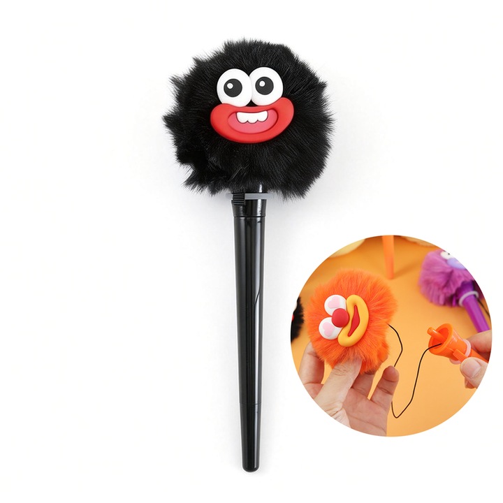 Pix Roller Stylus Pen, Set de 1 piese, Are o functie de ameliorare a stresului; Apasarea comutatorului lanseaza un pom-pom，Un stilou interesant si dragut, Pentru Agenda, Scriere Obiective, Scoala, Negru