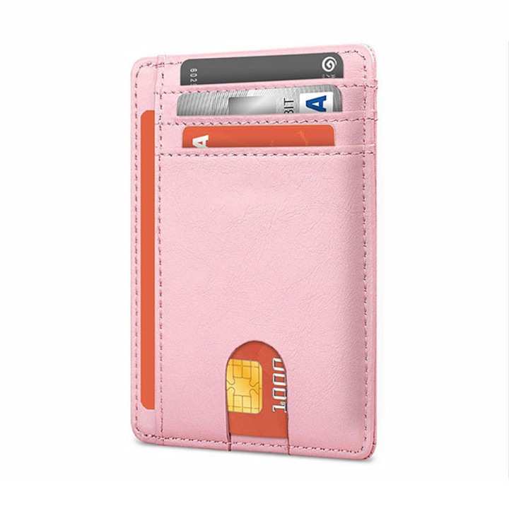 Portofel slim RFID, piele ecologica, roz, 8 sloturi, 8x11x0.5cm