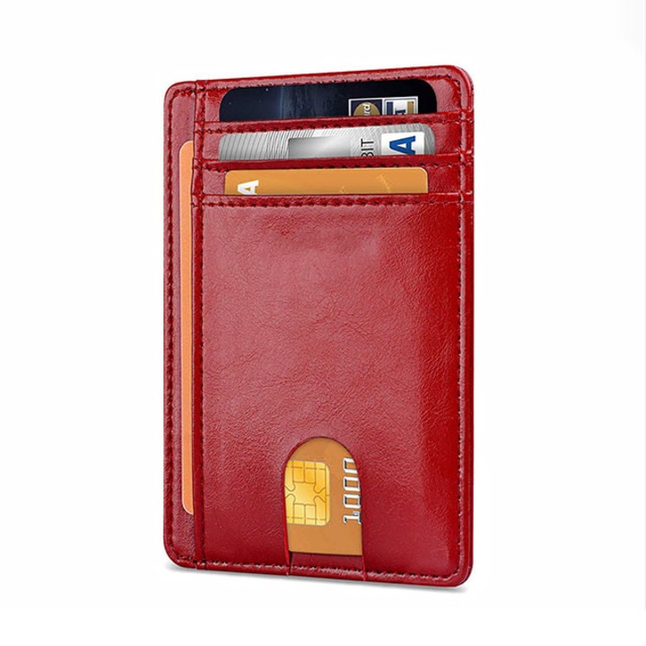 Portofel, rosu, din piele ecologica, slim, cu 9 sloturi, protectie RFID