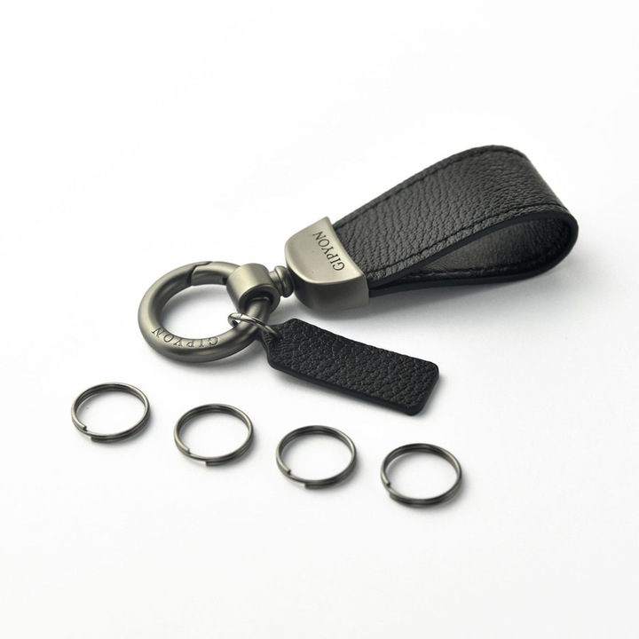 Breloc din piele naturala, cu 4 inele, negru, 10x3cm