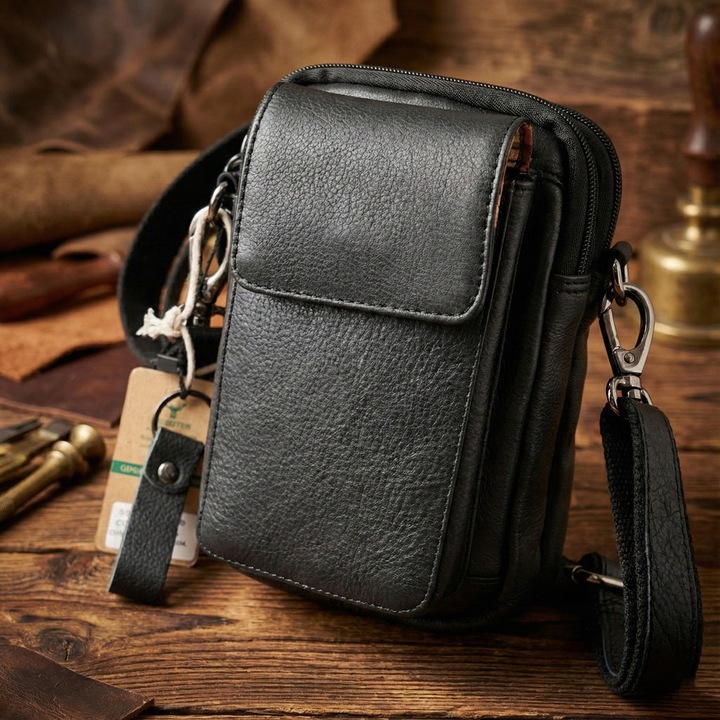 Borseta barbati Micutz Hunter, piele naturala, compartiment telefon, curea detasabila, 13x20x6 cm, negru