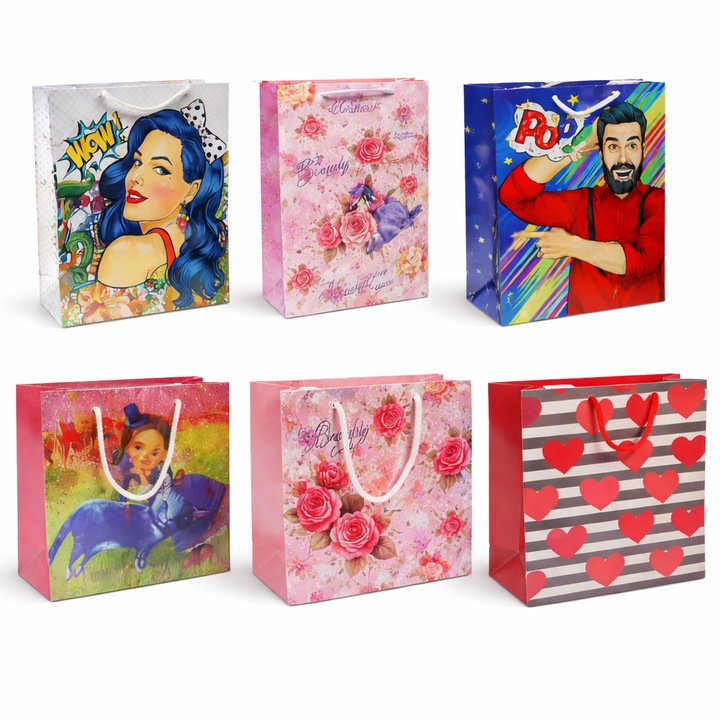 Комплект модерни подаръчни торбички от първокласен картон, креативни илюстрации, 6 броя 16x16x7 см