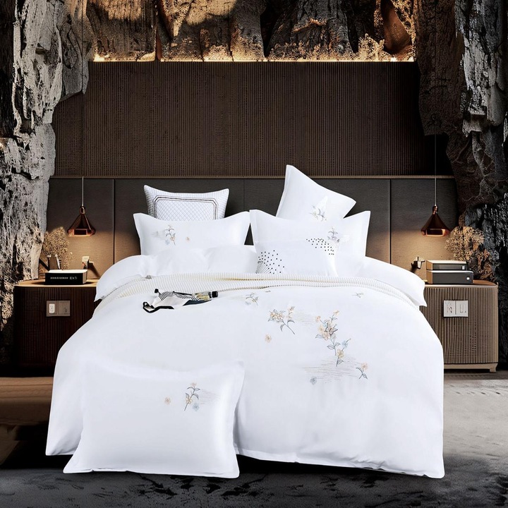 Lenjerie de pat dublu, Lux, cu broderie eleganta, set 4 piese, 2 persoane, 250X250 cm