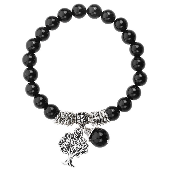 Bratara Tree of Life, onix negru, margele 8mm, elastic, 16x1.5cm