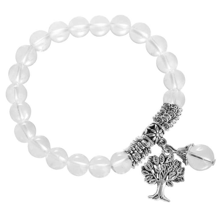 Bratara din cuart transparent cu pandantiv Arborele Vietii, margele 8mm, lungime 15.7cm
