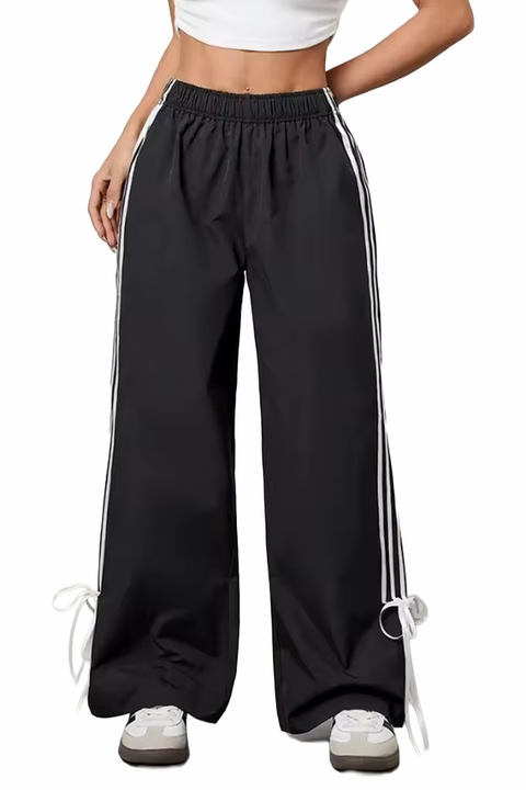 Pantaloni casual, Palazzo RIVA, cu dungi si funde decorative, Negru