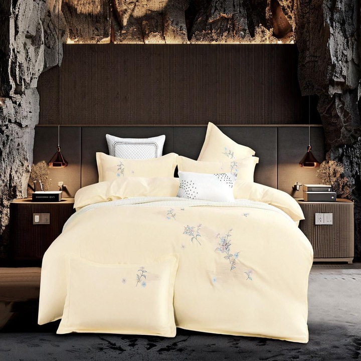 Lenjerie de pat dublu, Lux, cu broderie eleganta, set 4 piese, 2 persoane, 250X250 cm