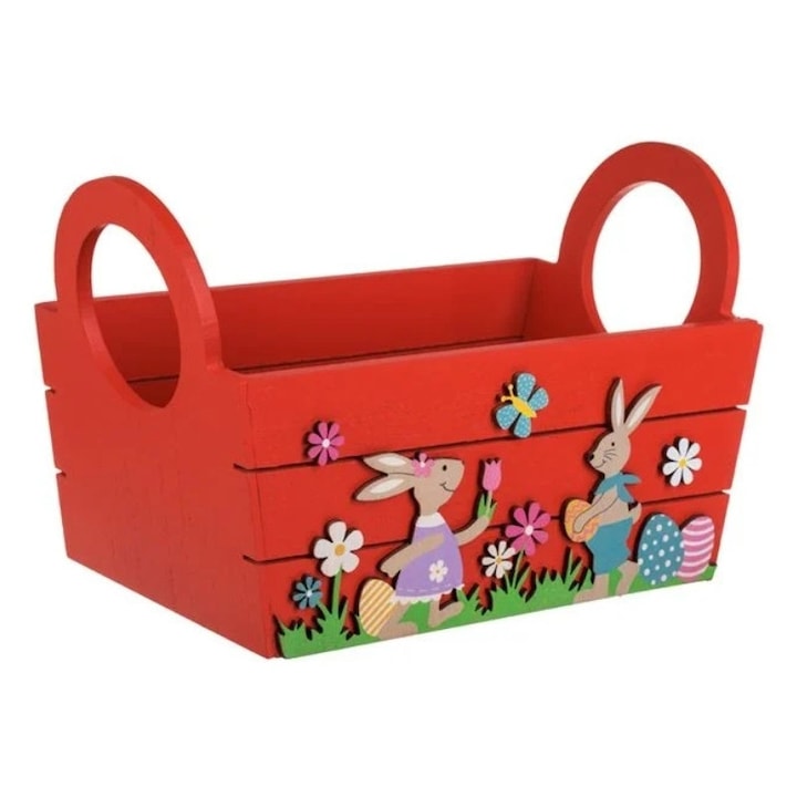 Cos Decorativ de Paste cu Iepurasi si Oua Rosu 24x13x15cm