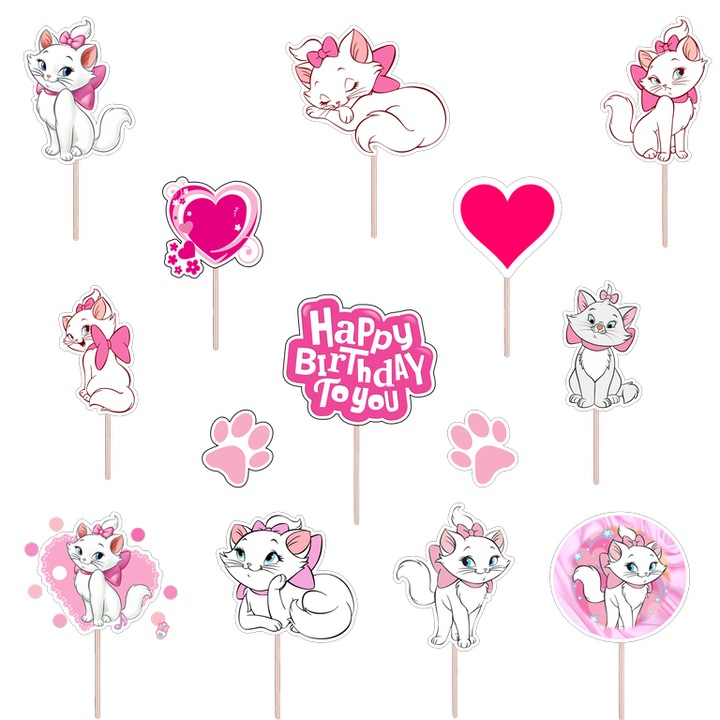 Set figurine pentru tort/briose Pisicuta Marie, KZE Prints, roz