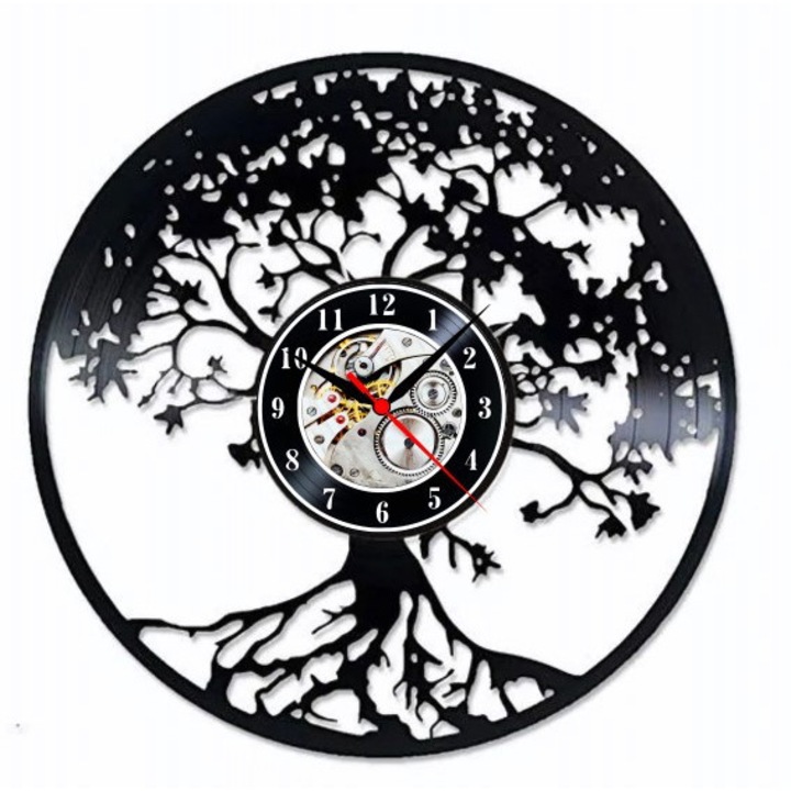 Ceas de perete decorativ "Tree of Life - Equilibrium", negru, 30cm, cu design spiritual din disc de vinil reciclabil, realizat manual