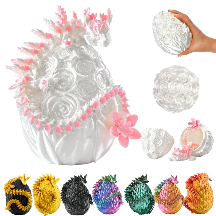 Dragon 3D in ou – Figurina decorativa 33 cm, Ou mare 12 cm, Dragon alb-roz cu model floral, Figurina fantasy de colectie pentru decor (14+)
