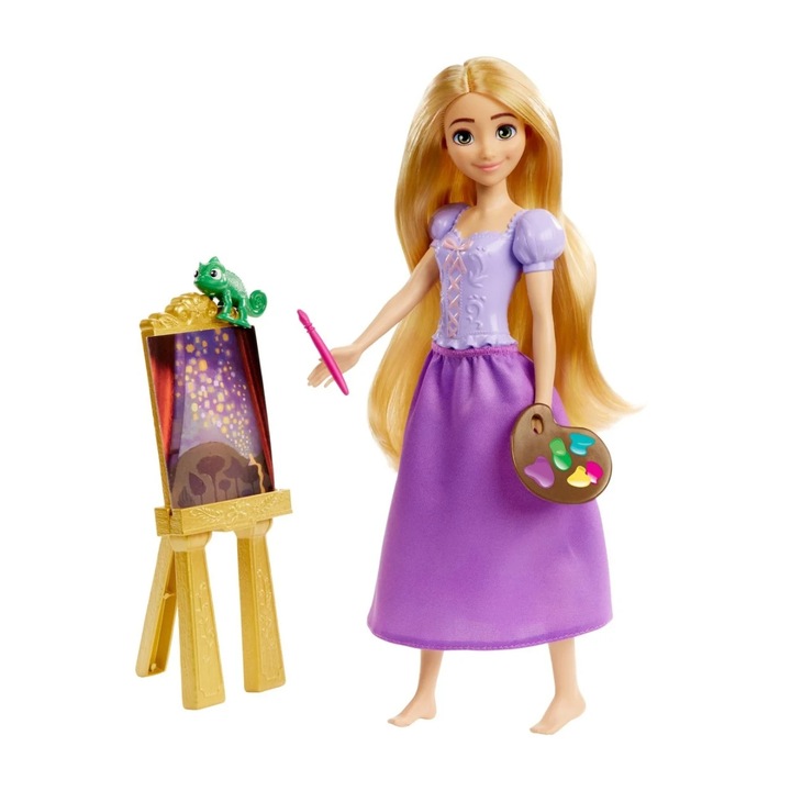 Papusa Disney Princess Rapunzel pictorita, multicolor, 32.5cm, set cu accesorii pentru pictura