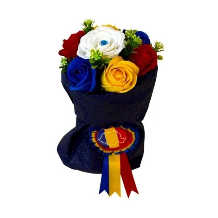 Buchet tricolor din trandafiri de sapun cu insigna Romaniei – cadou simbolic si elegant