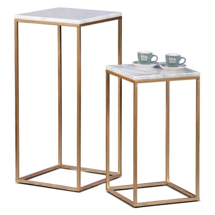 Set 2 masute marmura fier auriu 30 x 30 x 54, 34 x 34 x 74 cm