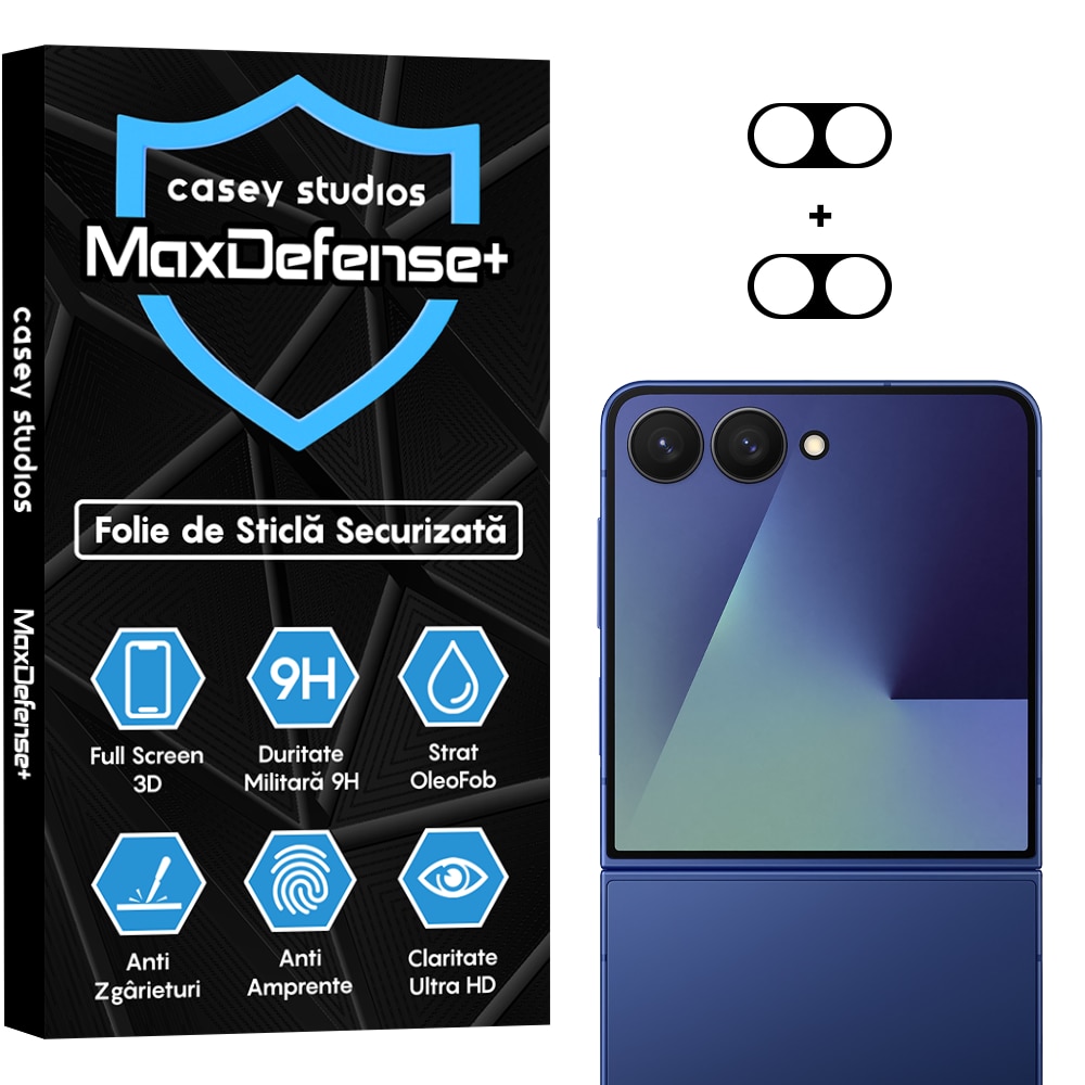 Set 2x Folie Sticla Camera compatibil cu Samsung Galaxy Z Flip7, CASEY STUDIOS™ MaxDefense+, Protectie Securizata, Duritate 9H, Full Cover, Anti Zgarieturi, Ultra HD, Protectie Profesionala Camere 3D, Anti Zgarieturi, Anti Socuri