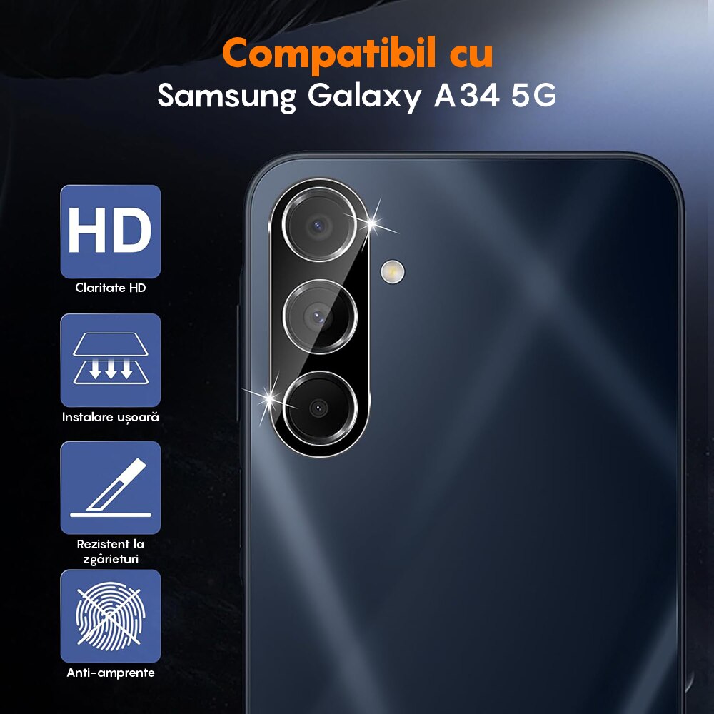 Set 2x Folie Sticla Camera compatibil cu Samsung Galaxy A34 5G, CASEY STUDIOS™ MaxDefense+, Protectie Securizata, Duritate 9H, Full Cover, Anti Zgarieturi, Ultra HD, Protectie Profesionala Camere 3D, Anti Zgarieturi, Anti Socuri